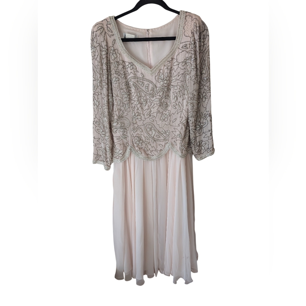 Vintage 80s Jack Bryan Blush Pink Cream Beaded Chiffon Evening Dress Size 8